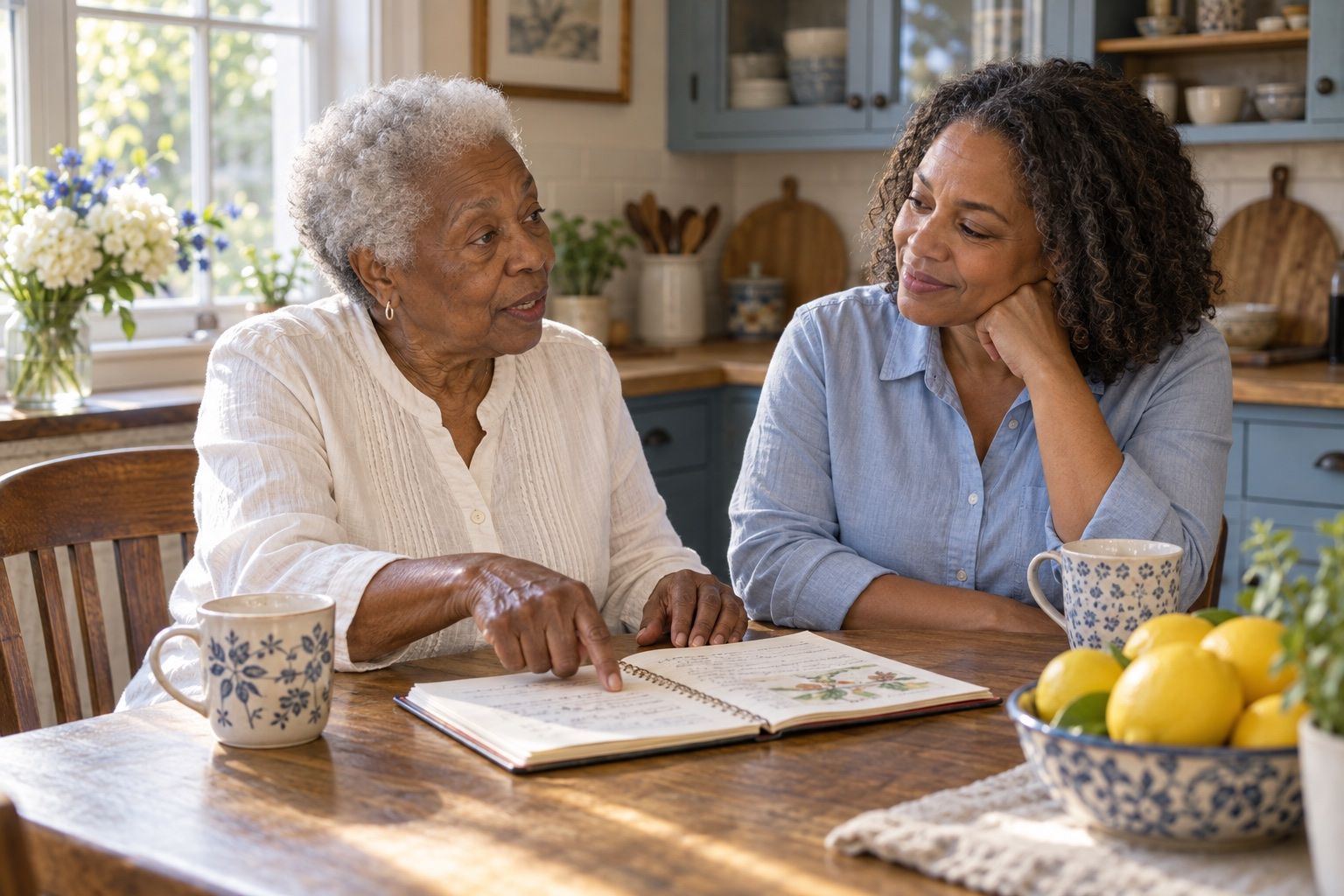 An older woman sharing her daily routine with a caregiver