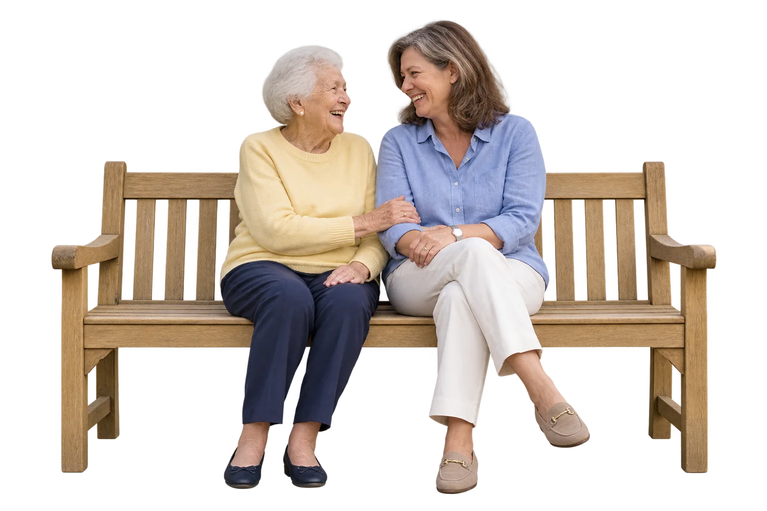 A mother and her adult daughter enjoying time together on a garden bench